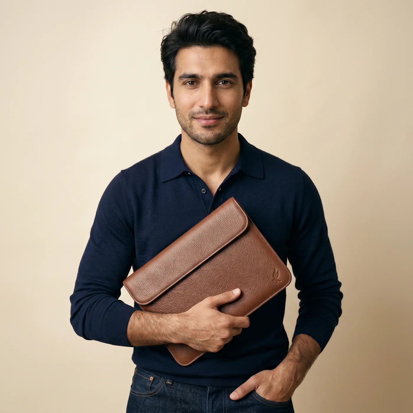 LAVEOR Heritage Sleeve — handcrafted leather laptop cover in Cognac, side view