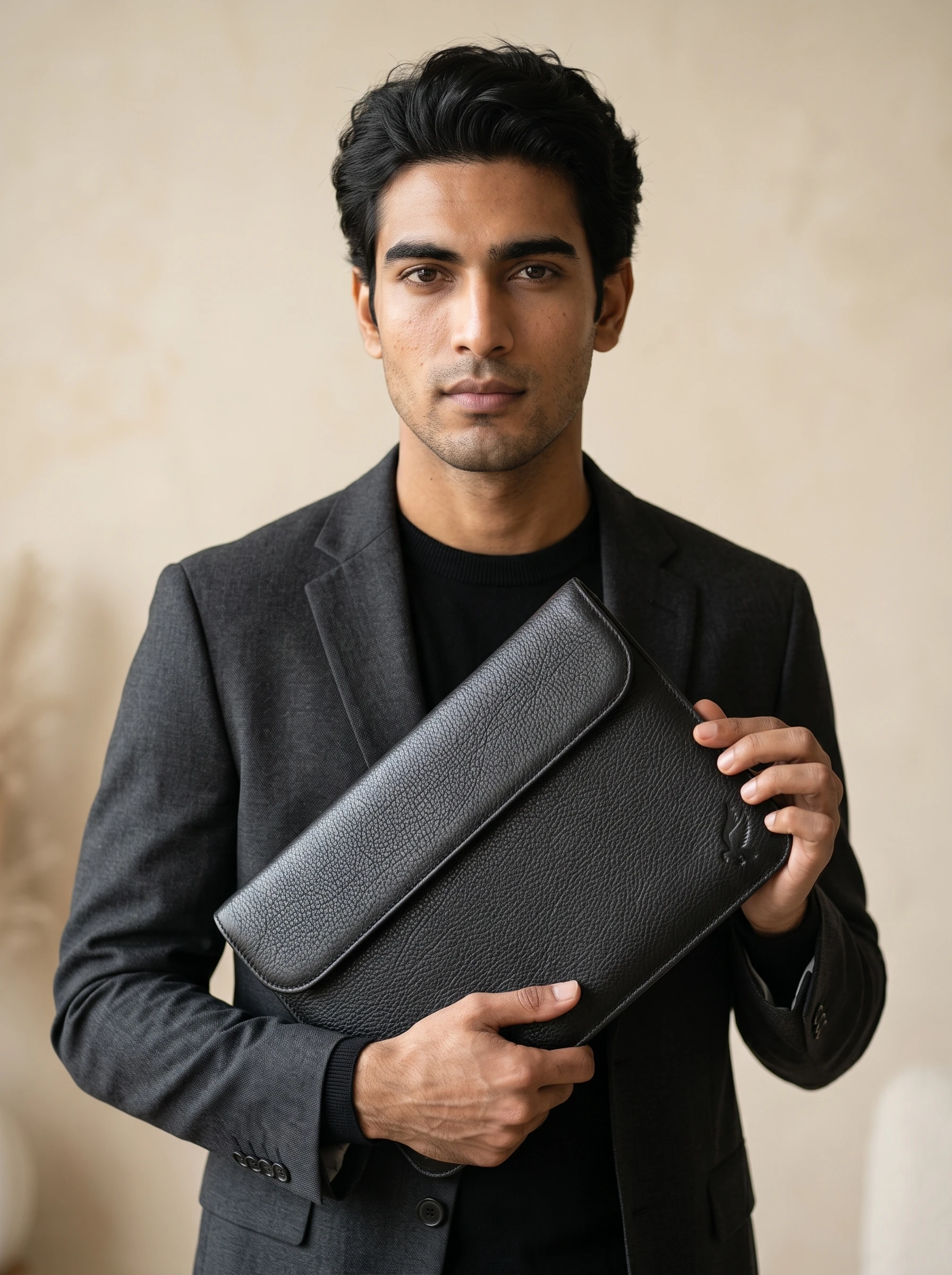 Man with the Voyage Zip Bag in black leather